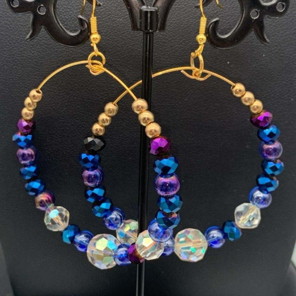 Gold Tone hoop earrings with AB Iridescent blue, purple and clear beads